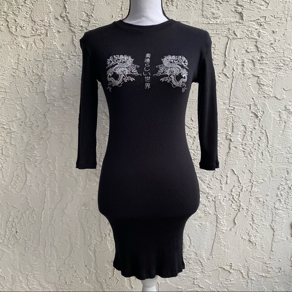 knee length dresses for ladies BERSHKA. Black long-sleeved lace Ts dress – Hibuy market main image 1